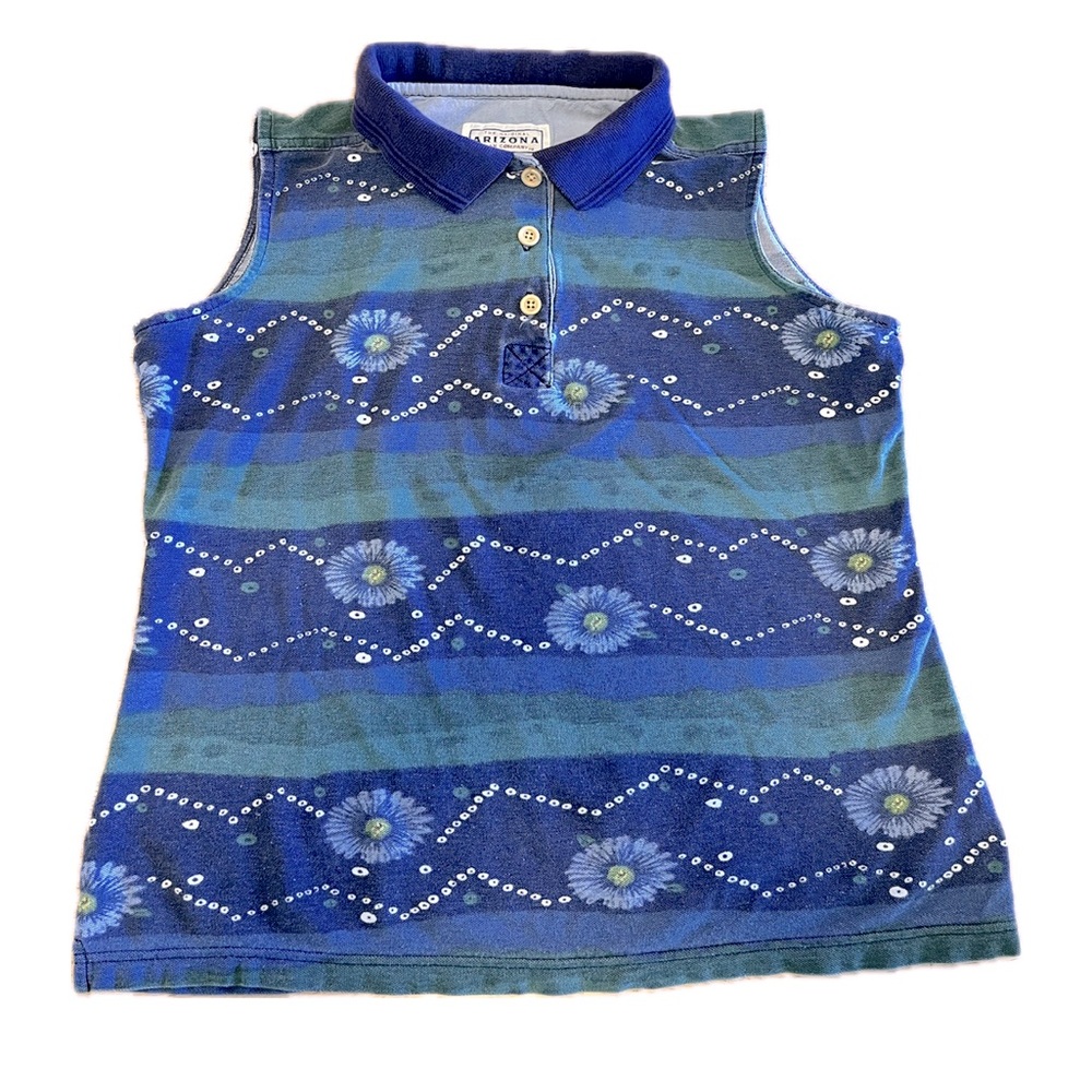 Vintage Arizona Women’s Small Floral Sleeveless Polo Tank Striped 90s Cotton